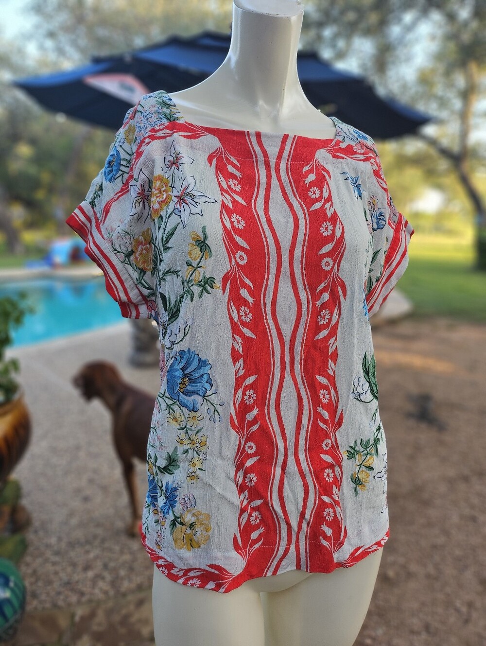 Anthropologie White Blouse with Red Stripe and Multicolor Floral Print